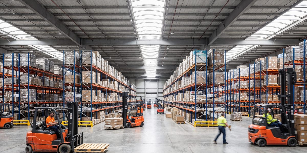 warehouse interior with forklifts shelving