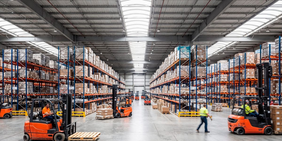 warehouse interior with forklifts shelving